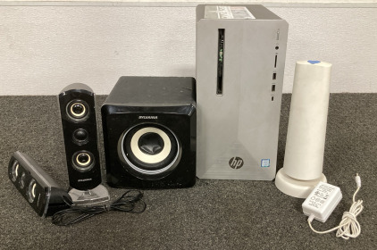 HP COMPUTER TOWER, SYLVANIA SPEAKERS AND SIMPLISAFE TRANSMITTER