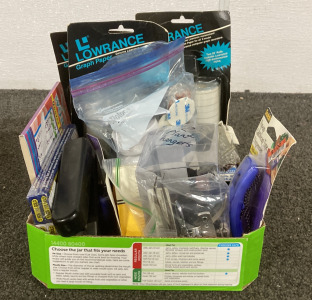 OFFICE SUPPLIES INCLUDING (3) LOWRANCE GRAPH PAPER AND PACKS, (3) LED PUCK LIGHTS WITH REMOTE CONTROL, (1) AVERY SELF ADHESIVE TAPE, (1) STAPLER, AND MORE