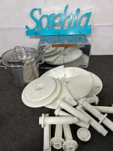 VINTAGE METAL BREAD BOX, STAINLESS STEEL STOCKPOT WITH STEAMER BASKET, TIERED DESSERT STAND AND WOODEN &ldquo;SOPHIA&rdquo; COAT HANGING SIGN