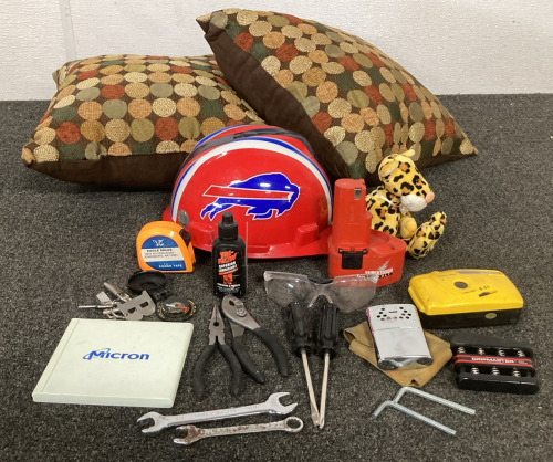 BUFFALO BILLS HARD HAT, TOOLS, PILLOWS AND MORE