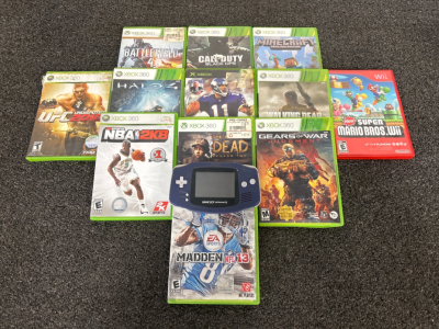 GAMEBOY ADVANCE (POWERS ON), XBOX 360 GAMES AND (1) WII GAME