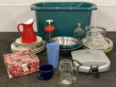 CUISINART SANDWICH GRILL (WORKS), CRYSTAL CENTER PIECE BOWL, RED CERAMIC PITCHER, PYREX COFFEE POT, SPEED AND WHIPPER FRENCH PRESS, MIXING BOWLS, PLATE SETS AND MORE
