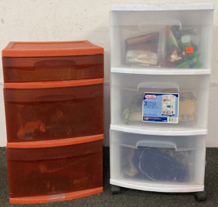 TWO THREE DRAWER PLASTIC CARTS INCLUDING 5 LB WING AND ANKLE WEIGHTS, ALARM CLOCK, CURLING RODS, HAIR DRYER AND MORE