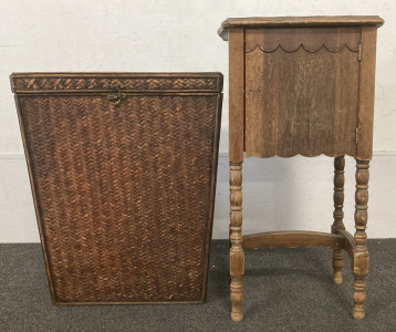 SIDE TABLE WITH CABINET AND WOODEN LOCKING HAMPER