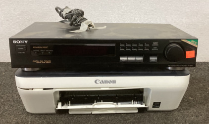 (1) CANON PIXMA PRINTER (POWERS ON) WITH (1) SONY FM STEREO/FM-AM TUNER (POWERS ON)
