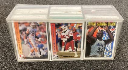 (1) PLASTIC DISPLAY BOX OF COLLECTIBLE BASKETBALL, FOOTBALL, AND BASEBALL CARDS