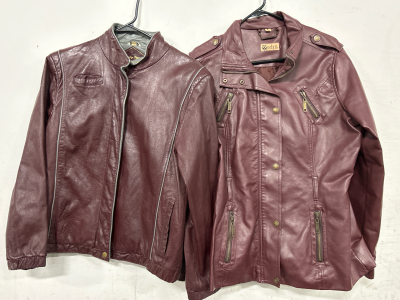 LADIES MAROON/BURGUNDY FASHION JACKETS: CARRIAGE COURT LEATHER SIZE 10 AND &Oslash;DYN SIZE LARGE