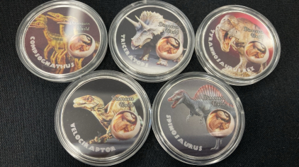 (5) Jurassic Time Dinosaur .925 Plated Collectible Coins