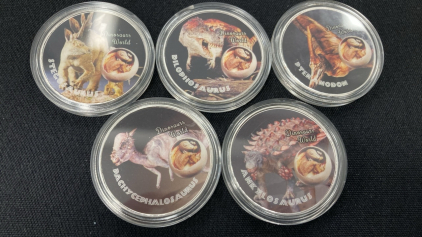 (5) Jurassic Time Dinosaur .925 Plated Collectible Coins