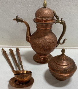 Antique Kashmiri Copper Lidded Water Pitcher, Copper Storage Bowl, (3) Copper Serving Spoons