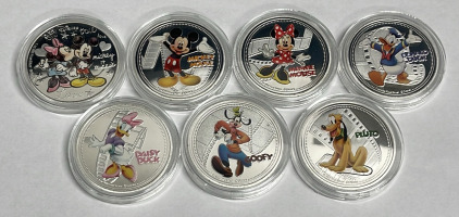 (7) 2020 Disney Character .999 Silver Plated Collectible Rounds W/ New Zealand Elizabeth II On Reverse