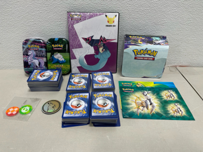 Huge Set Of Pokemon Collectible Cards, Game Pieces, Stickers, Small Binder, And Containers