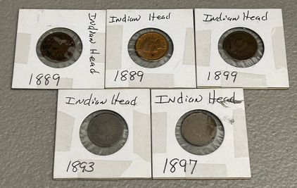 (5) Indian Head Pennies Dated 1889, 1899, 1893, 1897
