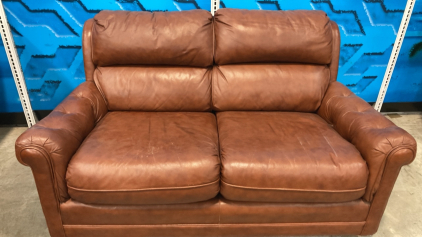 Vintage Brown Leather Loveseat and Ottoman