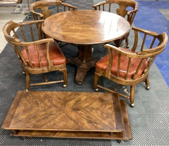 Vintage Wood Round Dining Table w/ (2) Leaves and (4) Rolling Chairs