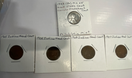 1943 Steel Wheat Penny & (4) Indian Head Cent