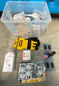 Plastic Tote w/ Dewalt Gloves & Different Sized Light Balbs