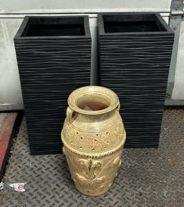 (2) 13 1/4&rsquo;&rsquo; x 13 1/4&rsquo;&rsquo; x 26 3/8&rsquo;&rsquo; Hard Plastic Vases, (1) 12&rsquo;&rsquo; x 18 1/4&rsquo;&rsquo; Decorative Clay Pot