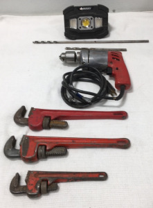 (3) Pipe Wrenches, (1) Milwaukee Electric Drill & More