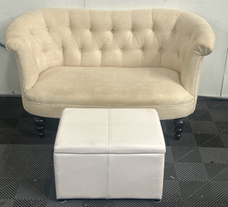 (1)White Love Seat (1) White Ottoman W/Storage