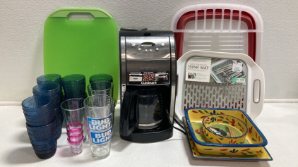 Cuisinart Auto Grind and Brew Coffee Maker, Glassware, Cuttinf Board, Chicken Themed Serving Dishes and more