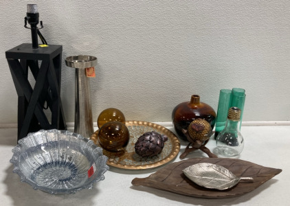 Black Wood Table Lamps, Assorted Decor Balls and Trays/Dishes, (4) Vases and more