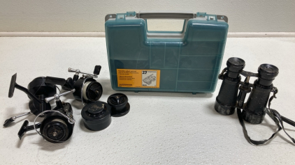 Double Sided Tackle Satchel, (3) Fishing Reels, Vintage Binoculars