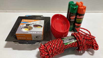 Outdoor Cook Kit, Poly Rope, Plastic Food Baskets, (4) Bug Spray, (2) Grill Trays