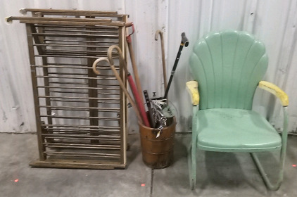 (1) Metal Play Pen (1) Green Metal Chair (1) Wood Bucket of Canes & Lawn Items