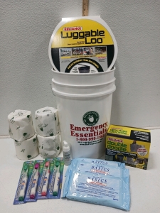 (1) Emergency Essentials Bucket (4) Rolls of Toilet Paper (4) Toothbrushes (1) Reliance Toilet Waste Bags (3) Ready Bath Wipes (1) Luggage Loo