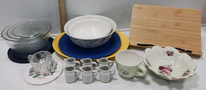 (3) Pyrex Bowls W/2 Lids (1) Yellow Platter (1) Blue Plate (2) Serving Bowls (1) Bamboo Recipe Book Holder & More!