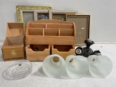 (4) Picture Frames, Mail Organizer, Wooden Box, Clear Dish and Battoom Light