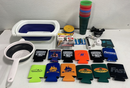 (1) Electric Toothbrush With Accessories (10) Starbucks Cups With Lid (13) Beer Koozy (2) Collapsable Calanders And More!