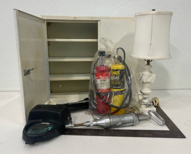 (1) Metal Cabinet W/Shelves (1) Mapp Gas & Oxygen Torch (1) Marble Base Table Lamp