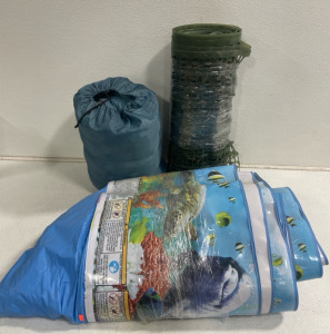 (1) Kids 18&rsquo; Deep pool (1) Roll of Plastic Garden Fence or Covering and (1) 4 lb Glaciers Edge Sleeping Bag