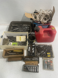 Assorted Tools, Bits, Pins, Old Pocket Knofes, Pully Hoist and More