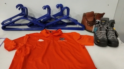 (52) Clothes hangers, (4) Shoes, (1) Idaho State T Shirt - Orange, (1) Black Storage Container 25 1/2" x 14"