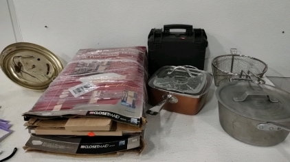 (1) Closet Maid Shelving 5" Deep Drawers (Fair Condition), (2) Metal Basket Frying Pans, (1) Copper cooking pan and more.