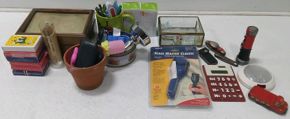 (1) Scale Master Digital Plan Measure (2) Pocket Knifes (1) Camper Pocket Cutlery (1) Cigar Box W/ Yahtzee Set Inside & More