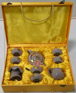 Chinese Ice Cracked Glaze Tea Set in Decorative Gold Cloth Box