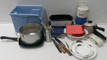 (4) Metal Pots (1) West Bend Slow Cooker (4) Kitchen Knifes (1) Coleman PolyLite Water Bottle & More