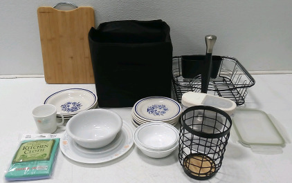(1) Cloth Pantry Container (1) Wood Cutting Board (1) Kitchen Sink Drying Rack (12) Glass Kitchenware & More