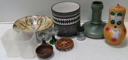 (1) Ceramic Plant Stand (1) Glass Vase (1) Clay Candy Bowl & More