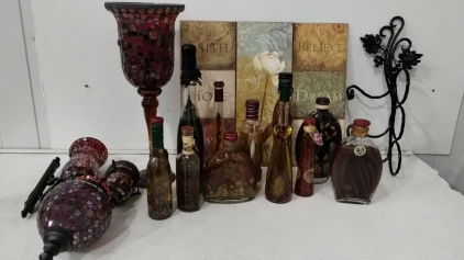 (12) Glass Decorative Oil Bottles, (1) Wine Rack, (2) Paned Light Fixtures and more