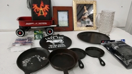 (5) Cast Iron Pans, Radio Flyer Wagon, (2) Photo Frames and more