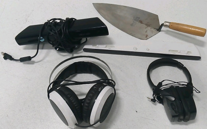(1) Xbox 360 Kinect (1) Wii Sensor Bar (2) Over-Head Headphones (1) Garden Trowel