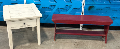 (1) White Wooden End Table W/ Drawer (1) Red Wooden Bench