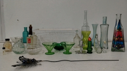 16 3/4"x 5 7/8" 'Give us this day' White Box with Glass bottles and more.