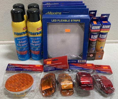 (4) Rain-X Glass Cleaner, (4) LED Cool White Flexible Strips, (4) Ozium Air Sanitizers, (1) 4” Round Amber Warning Light, (4) 4” Combination Clearance Marker Lights