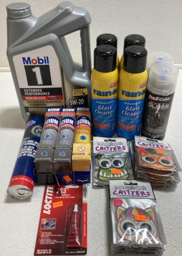 (1) 5qt 5W-20 High Mileage Oil, (4) Glass Cleaner, (2) Wheel Gloss Clearcoat, (6) Air Sanitizers, (1) Brake Wheel Bearing Grease, (1) 0.20floz Loctite 263, (11) Air Fresheners